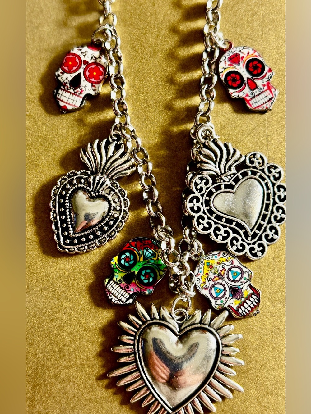 NWOT Charms Dia de Los Muertos necklace heart Milagros, bright enamel skulls